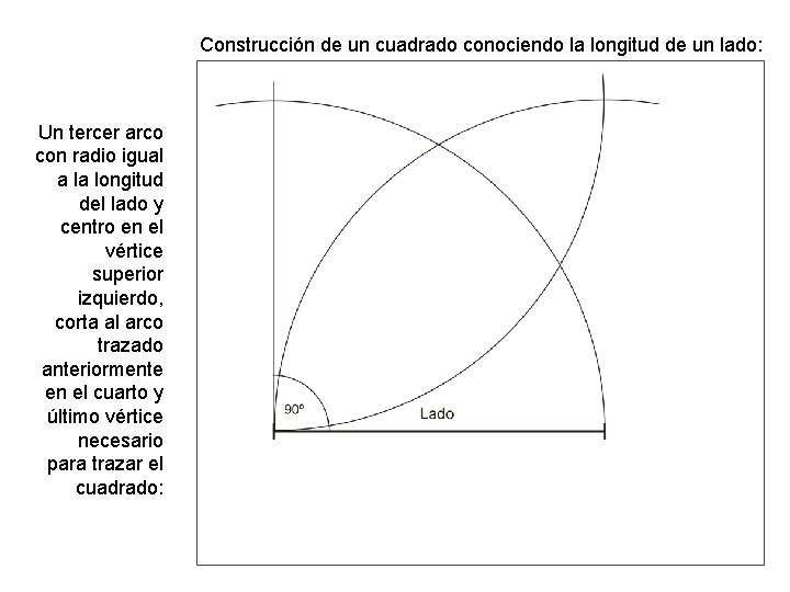 Construcción de un cuadrado conociendo la longitud de un lado: Un tercer arco con