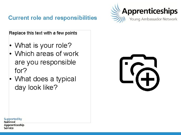 Current role and responsibilities Replace this text with a few points • What is Current role and responsibilities Replace this text with a few points • What is