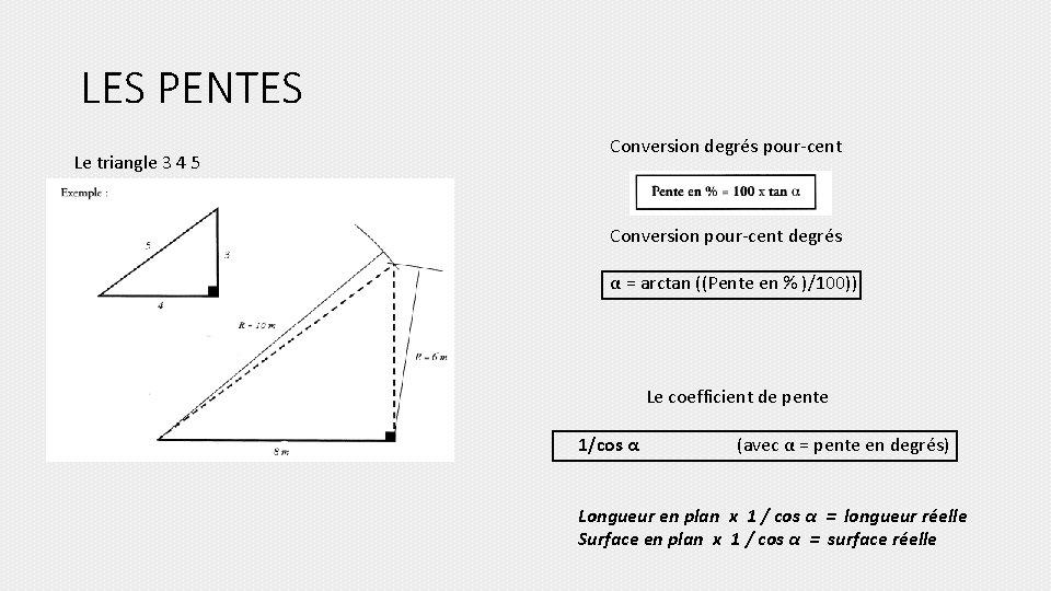 LES PENTES Le triangle 3 4 5 Conversion degrés pour-cent Conversion pour-cent degrés α