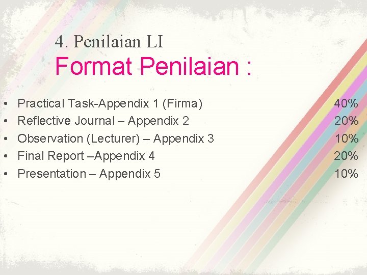 4. Penilaian LI Format Penilaian : • • • Practical Task-Appendix 1 (Firma) Reflective