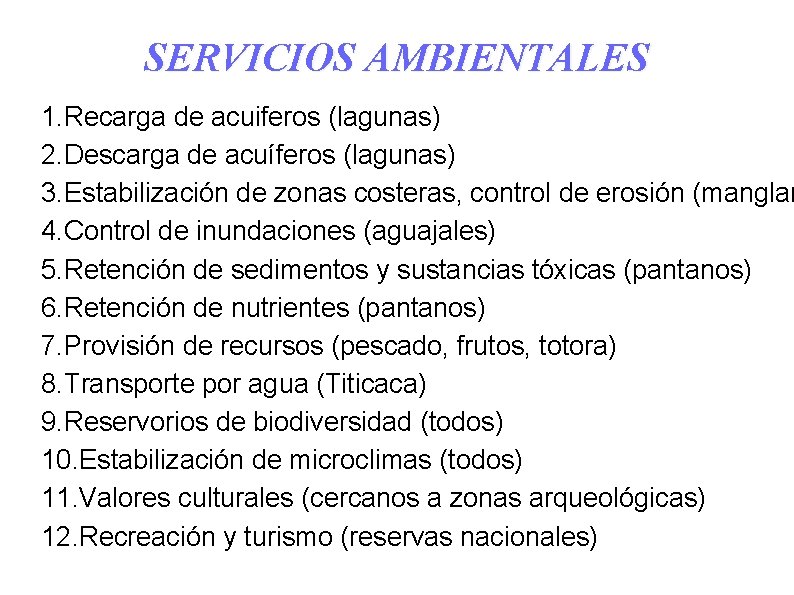 SERVICIOS AMBIENTALES 1. Recarga de acuiferos (lagunas) 2. Descarga de acuíferos (lagunas) 3. Estabilización
