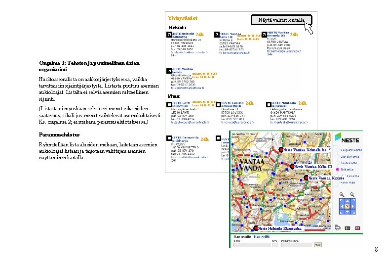 Yhteystiedot Näytä valitut kartalla Helsinki x Ongelma 3: Tehoton ja puutteellinen datan organisointi Huoltoasemalista