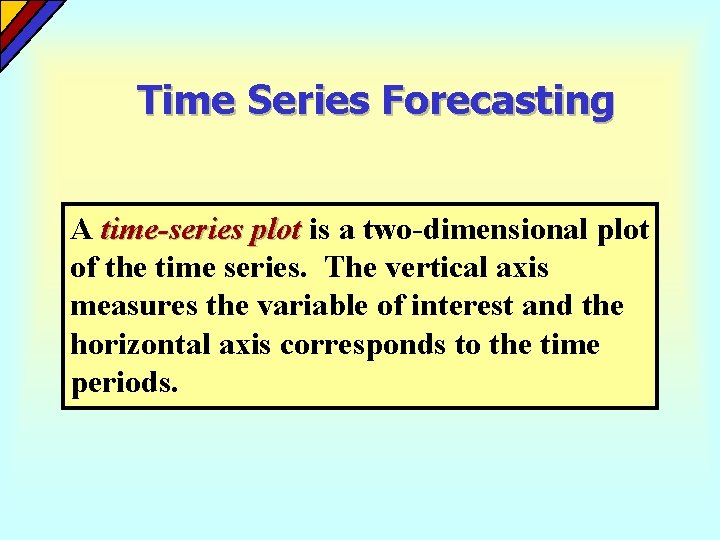 Time Series Forecasting A time-series plot is a two-dimensional plot of the time series. Time Series Forecasting A time-series plot is a two-dimensional plot of the time series.