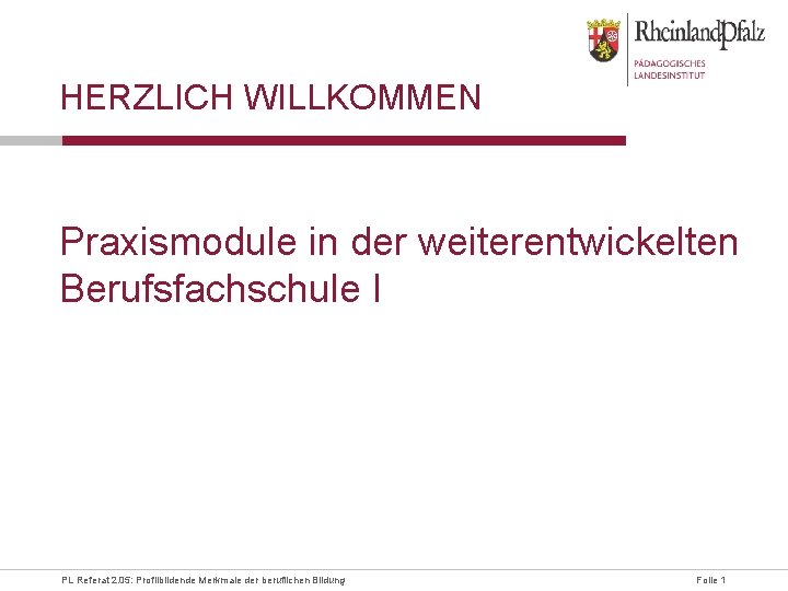 HERZLICH WILLKOMMEN Praxismodule in der weiterentwickelten Berufsfachschule I PL Referat 2. 05: Profilbildende Merkmale