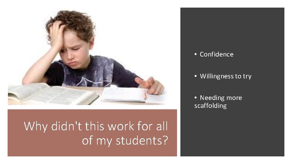  • Confidence • Willingness to try • Needing more scaffolding Why didn't this