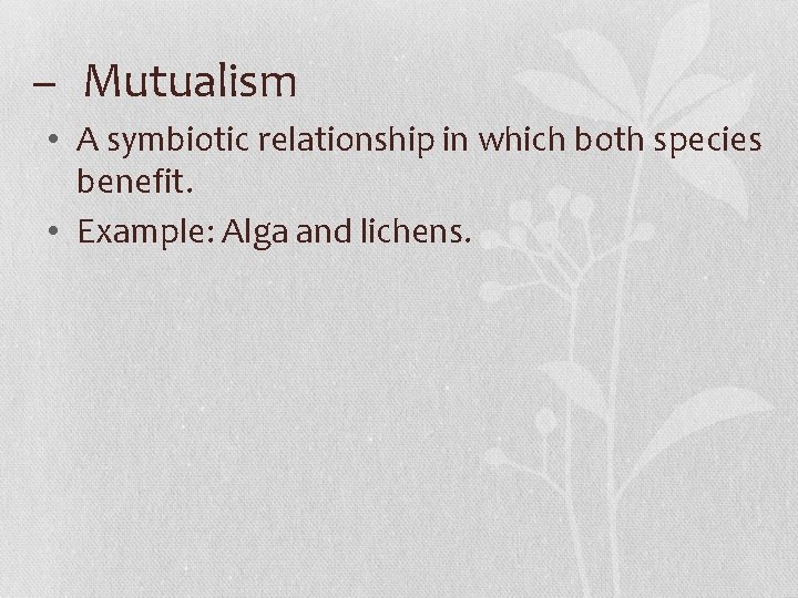 – Mutualism • A symbiotic relationship in which both species benefit. • Example: Alga