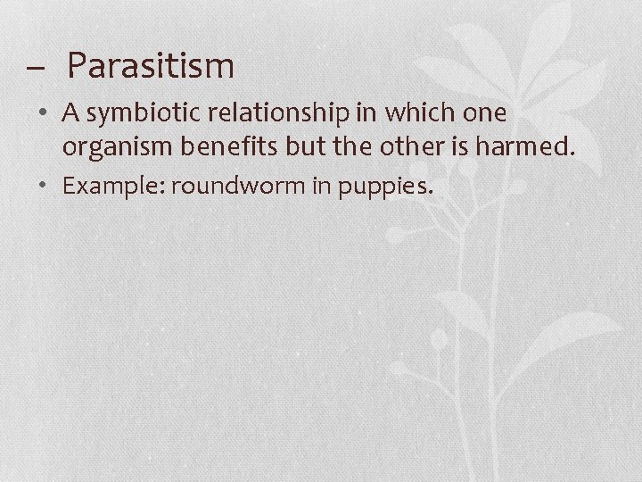 – Parasitism • A symbiotic relationship in which one organism benefits but the other
