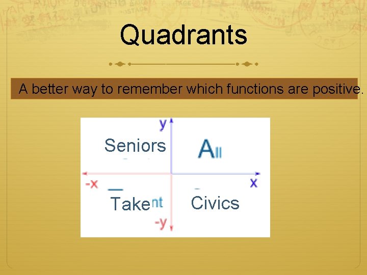 Quadrants A better way to remember which functions are positive. Seniors Take Civics 