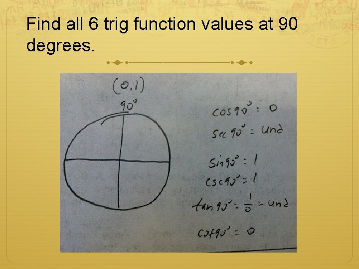 Find all 6 trig function values at 90 degrees. 