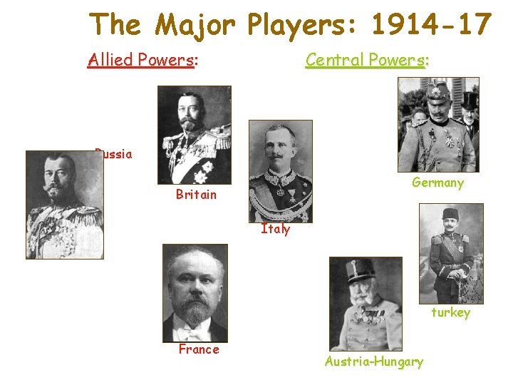 The Major Players: 1914 -17 Allied Powers: Central Powers: Russia Germany Britain Italy turkey