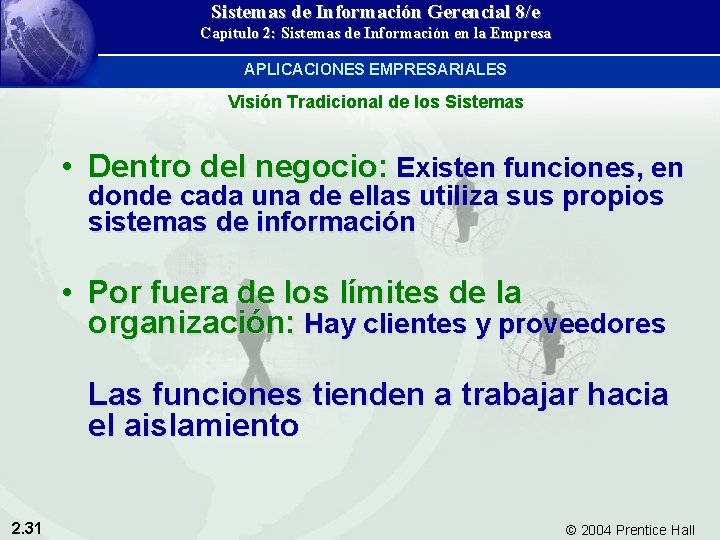 Sistemas de Información Gerencial 8/e Capítulo 2: Sistemas de Información en la Empresa APLICACIONES