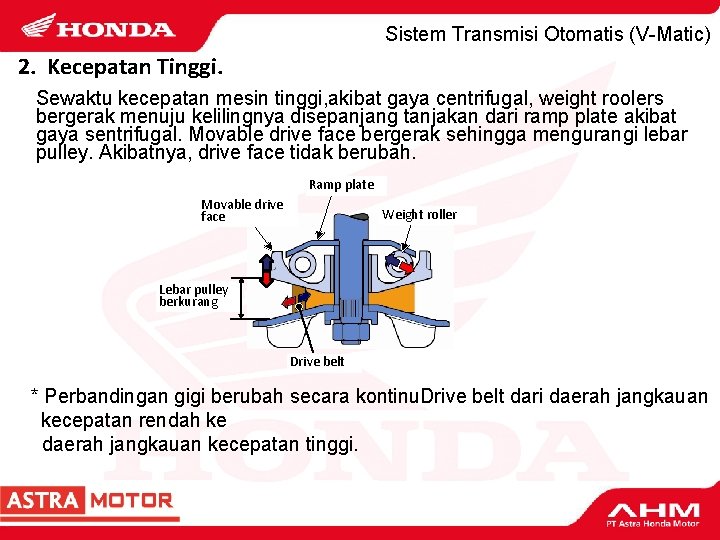 Sistem Transmisi Otomatis (V-Matic) 2. Kecepatan Tinggi. Sewaktu kecepatan mesin tinggi, akibat gaya centrifugal,