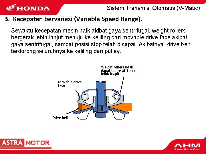 Sistem Transmisi Otomatis (V-Matic) 3. Kecepatan bervariasi (Variable Speed Range). Sewaktu kecepatan mesin naik