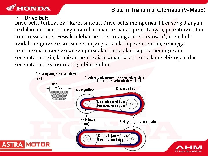 Sistem Transmisi Otomatis (V-Matic) § Drive belts terbuat dari karet sintetis. Drive belts mempunyai