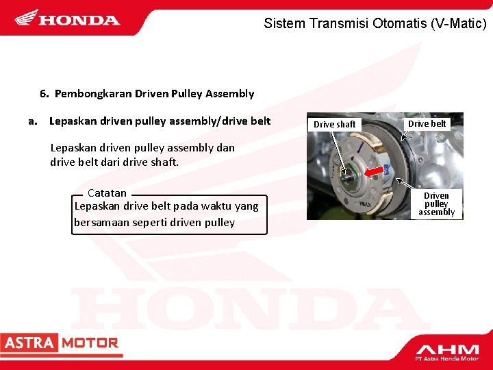 Sistem Transmisi Otomatis (V-Matic) 6. Pembongkaran Driven Pulley Assembly a. Lepaskan driven pulley assembly/drive