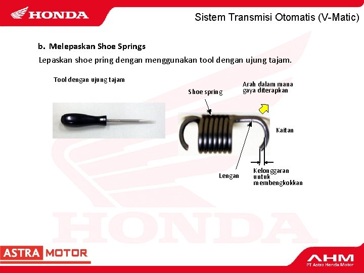 Sistem Transmisi Otomatis (V-Matic) b. Melepaskan Shoe Springs Lepaskan shoe pring dengan menggunakan tool