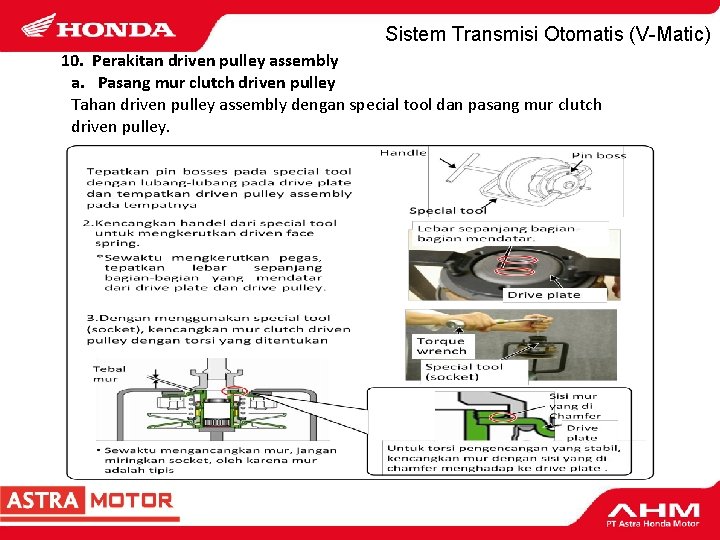 Sistem Transmisi Otomatis (V-Matic) 10. Perakitan driven pulley assembly a. Pasang mur clutch driven