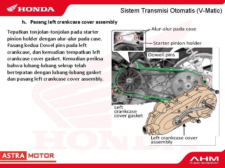 Sistem Transmisi Otomatis (V-Matic) h. Pasang left crankcase cover assembly Tepatkan tonjolan-tonjolan pada starter