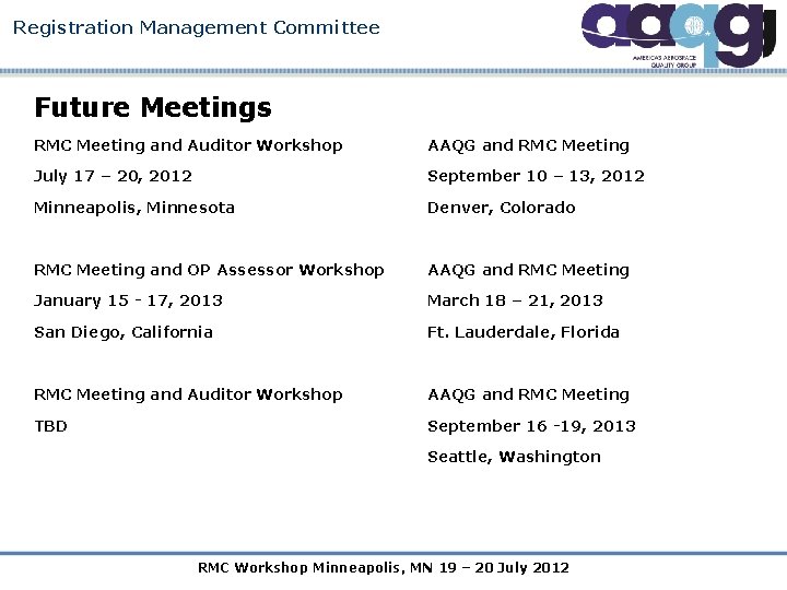 Registration Management Committee Future Meetings RMC Meeting and Auditor Workshop AAQG and RMC Meeting