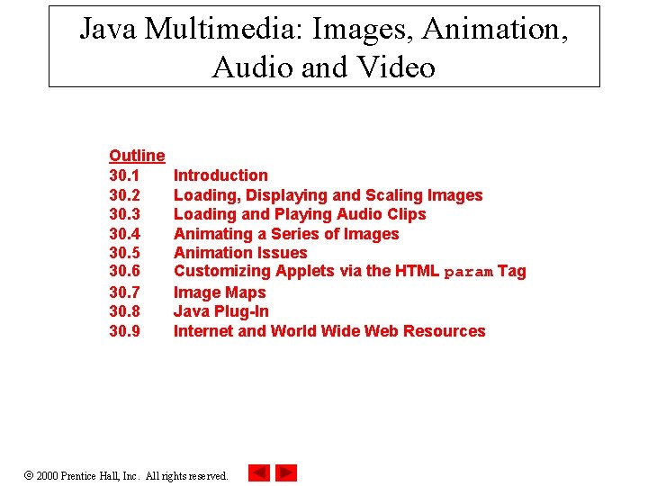 Java Multimedia: Images, Animation, Audio and Video Outline 30. 1 30. 2 30. 3