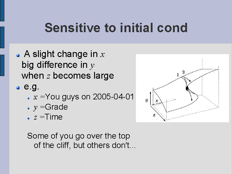 Sensitive to initial cond A slight change in x big difference in y when