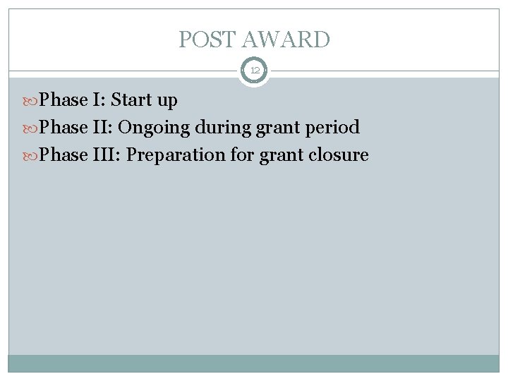 POST AWARD 12 Phase I: Start up Phase II: Ongoing during grant period Phase