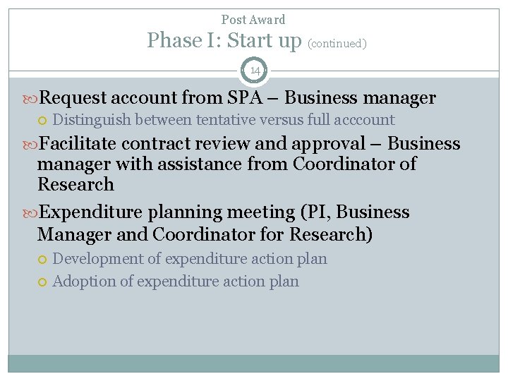 Post Award Phase I: Start up (continued) 14 Request account from SPA – Business