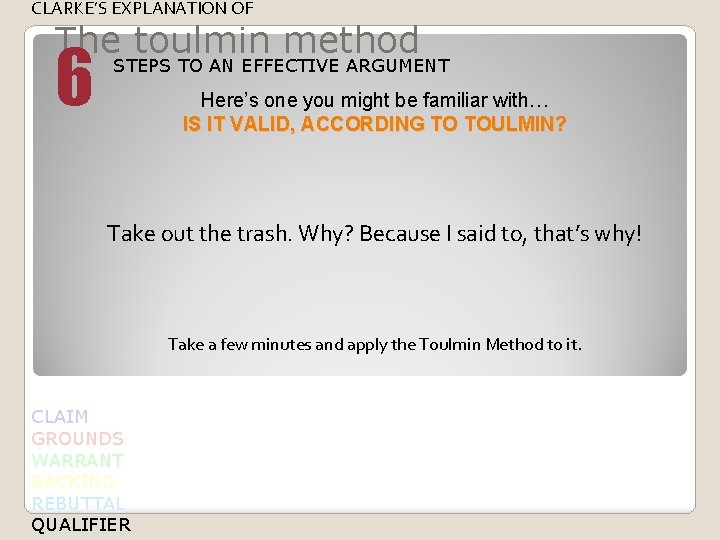 CLARKE’S EXPLANATION OF The toulmin method 6 STEPS TO AN EFFECTIVE ARGUMENT Here’s one CLARKE’S EXPLANATION OF The toulmin method 6 STEPS TO AN EFFECTIVE ARGUMENT Here’s one