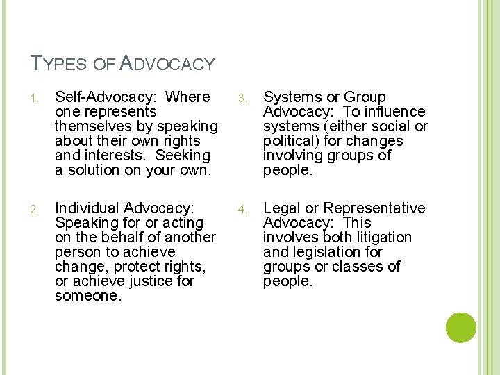TYPES OF ADVOCACY 1. Self-Advocacy: Where one represents themselves by speaking about their own