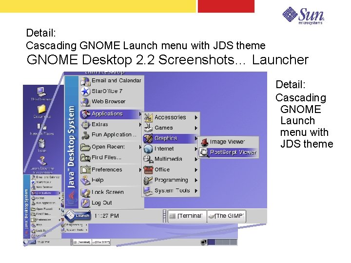 Detail: Cascading GNOME Launch menu with JDS theme GNOME Desktop 2. 2 Screenshots… Launcher