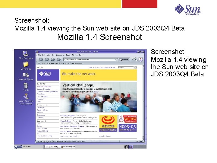 Screenshot: Mozilla 1. 4 viewing the Sun web site on JDS 2003 Q 4