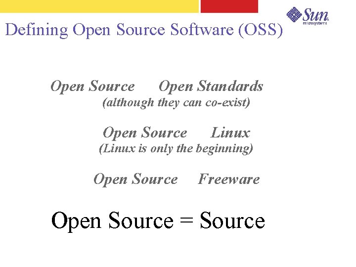 Defining Open Source Software (OSS) Open Source Open Standards (although they can co-exist) Open