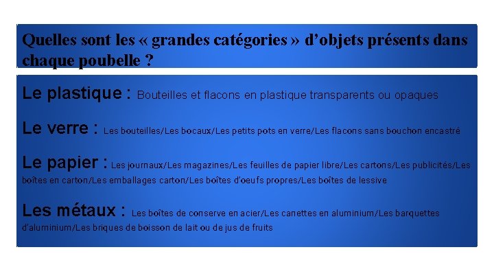 Quelles sont les « grandes catégories » d’objets présents dans chaque poubelle ? Le