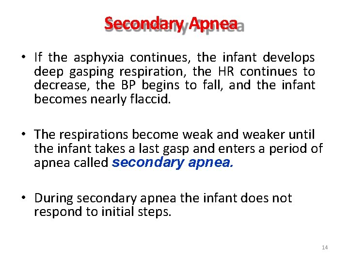 Secondary Apnea • If the asphyxia continues, the infant develops deep gasping respiration, the