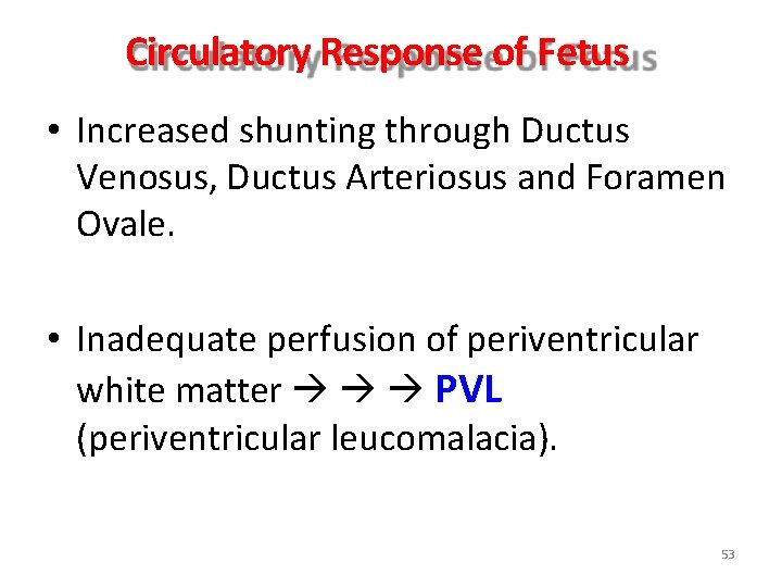 Circulatory Response of Fetus • Increased shunting through Ductus Venosus, Ductus Arteriosus and Foramen