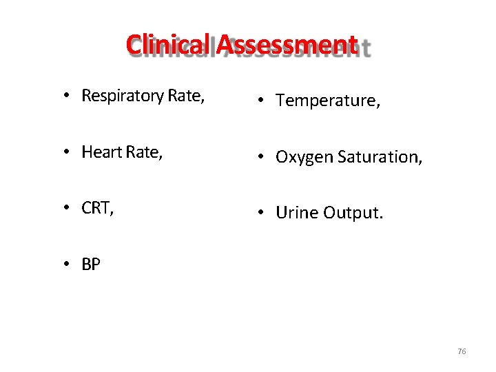 Clinical Assessment • Respiratory Rate, • Temperature, • Heart Rate, • Oxygen Saturation, •