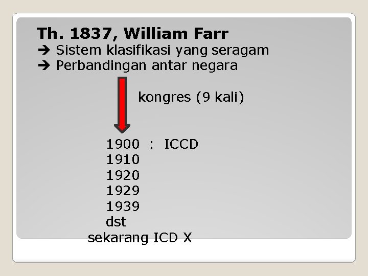 Th. 1837, William Farr Sistem klasifikasi yang seragam Perbandingan antar negara kongres (9 kali)