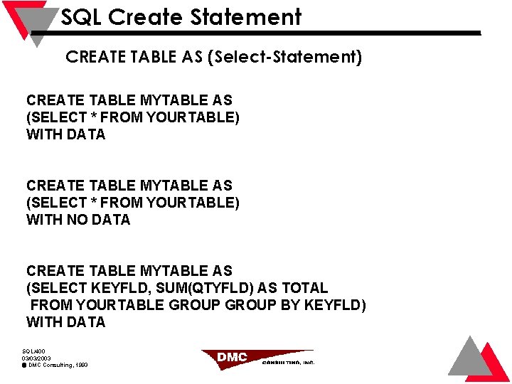 SQL Create Statement CREATE TABLE AS (Select-Statement) CREATE TABLE MYTABLE AS (SELECT * FROM