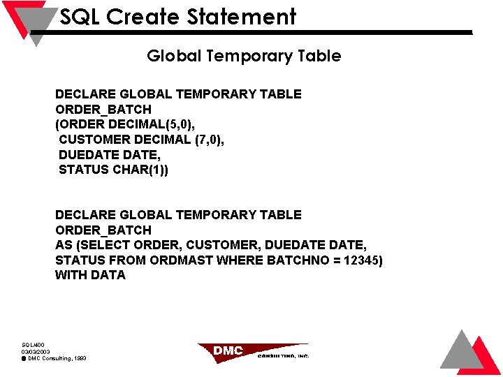 SQL Create Statement Global Temporary Table DECLARE GLOBAL TEMPORARY TABLE ORDER_BATCH (ORDER DECIMAL(5, 0),