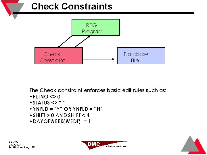 Check Constraints RPG Program Check Constraint Database File The Check constraint enforces basic edit
