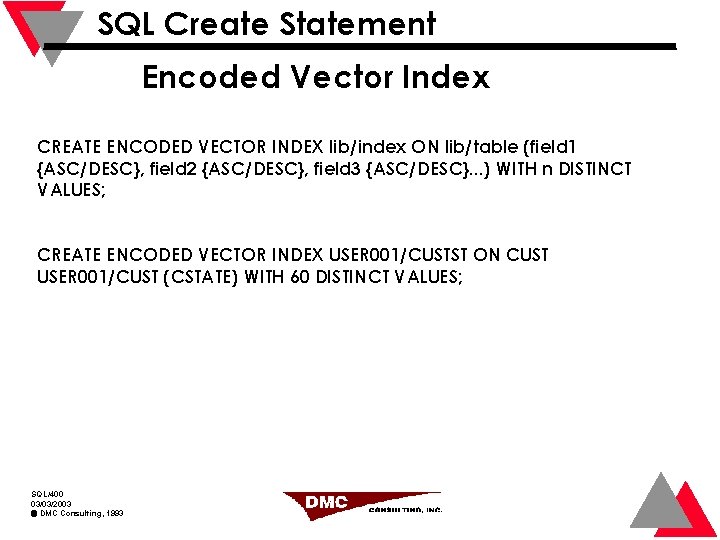 SQL Create Statement Encoded Vector Index CREATE ENCODED VECTOR INDEX lib/index ON lib/table (field