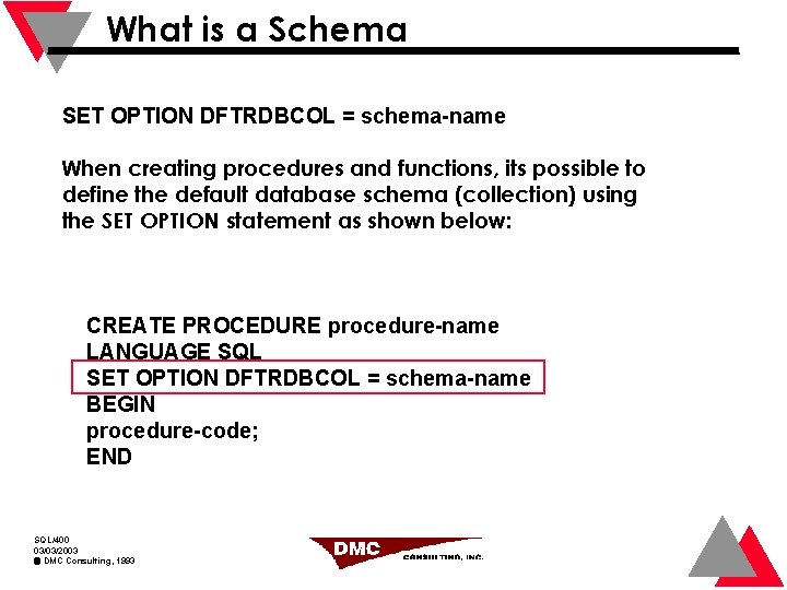 What is a Schema SET OPTION DFTRDBCOL = schema-name When creating procedures and functions,