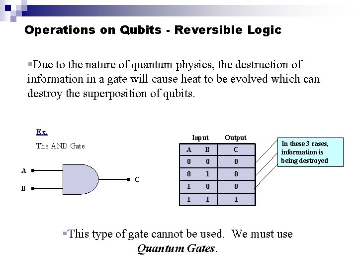 Operations on Qubits - Reversible Logic §Due to the nature of quantum physics, the Operations on Qubits - Reversible Logic §Due to the nature of quantum physics, the