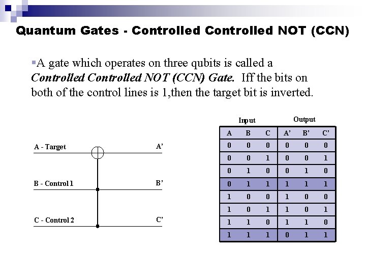 Quantum Gates - Controlled NOT (CCN) §A gate which operates on three qubits is Quantum Gates - Controlled NOT (CCN) §A gate which operates on three qubits is