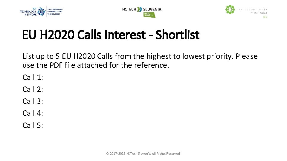 EU H 2020 Calls Interest - Shortlist List up to 5 EU H 2020