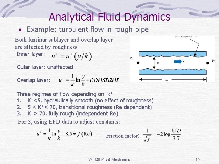 Analytical Fluid Dynamics • Example: turbulent flow in rough pipe Both laminar sublayer and