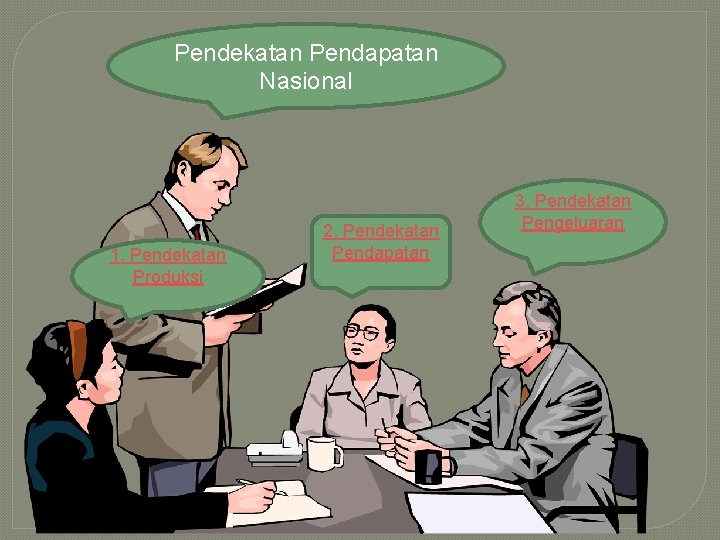 Pendekatan Pendapatan Nasional 1. Pendekatan Produksi 2. Pendekatan Pendapatan 3. Pendekatan Pengeluaran 