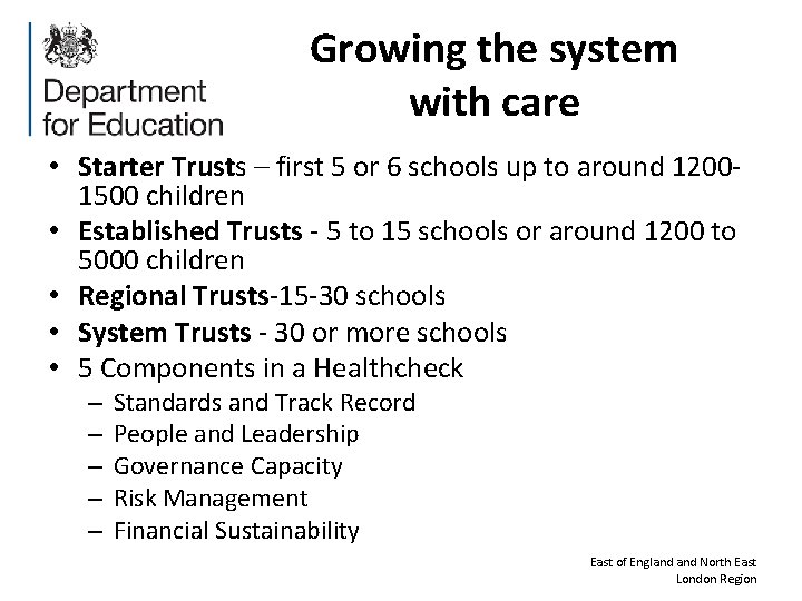 Growing the system with care • Starter Trusts – first 5 or 6 schools