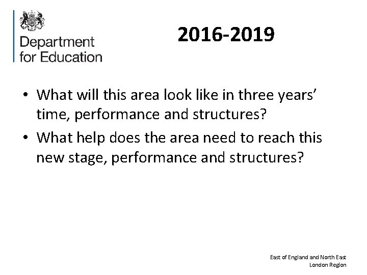 2016 -2019 • What will this area look like in three years’ time, performance