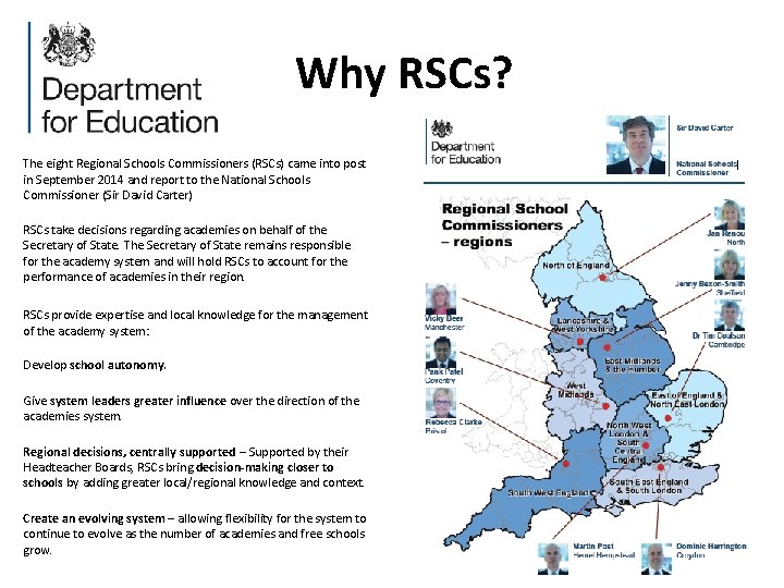 Why RSCs? The eight Regional Schools Commissioners (RSCs) came into post in September 2014